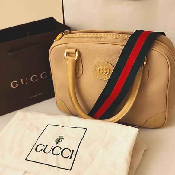 Rare! GUCCI Crossbody Satchel Boston Bag 2-Tone Beige Calfskin +Green Red Strap - Picture 1 of 16